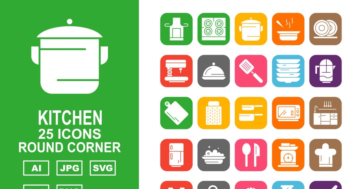 25 Premium Kitchen Round Corner Icon Set - TemplateMonster