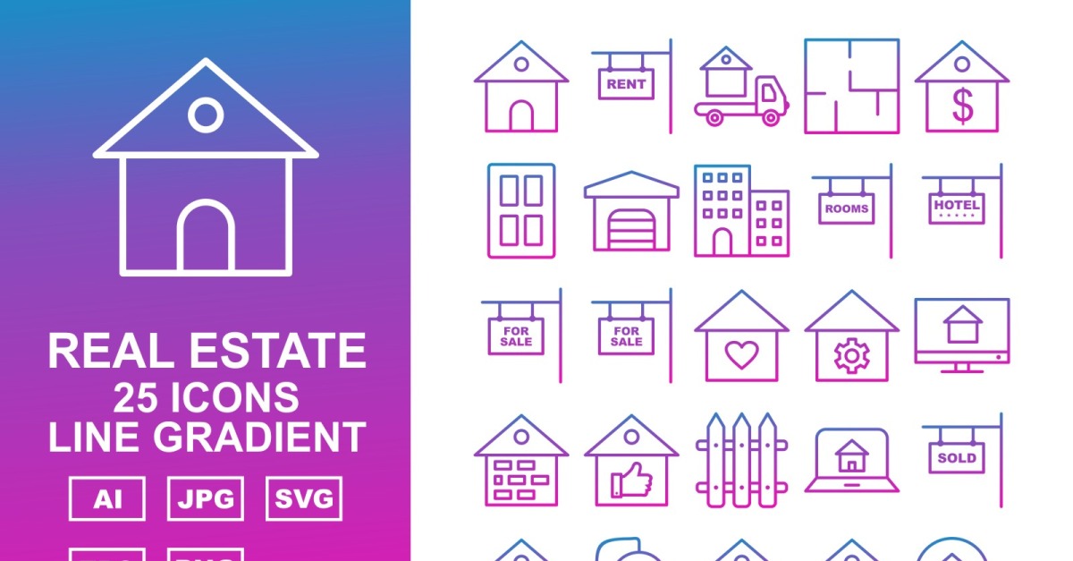25 Premium Real Estate Line Gradient Icon Set