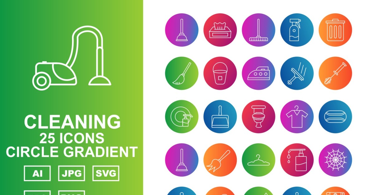 25 Premium Cleaning Circle Gradient Icon Set