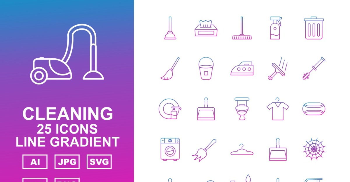 25 Premium Cleaning Line Gradient Icon Set - TemplateMonster