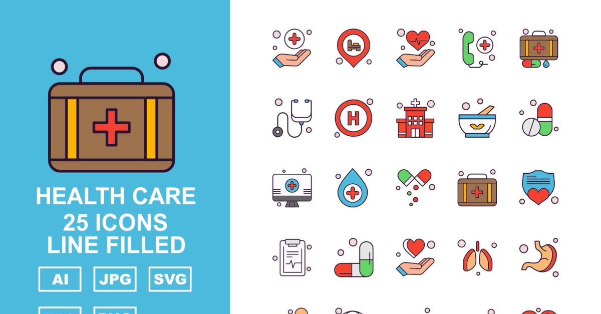 25 Premium Health Care Line Filled Icon Set - TemplateMonster