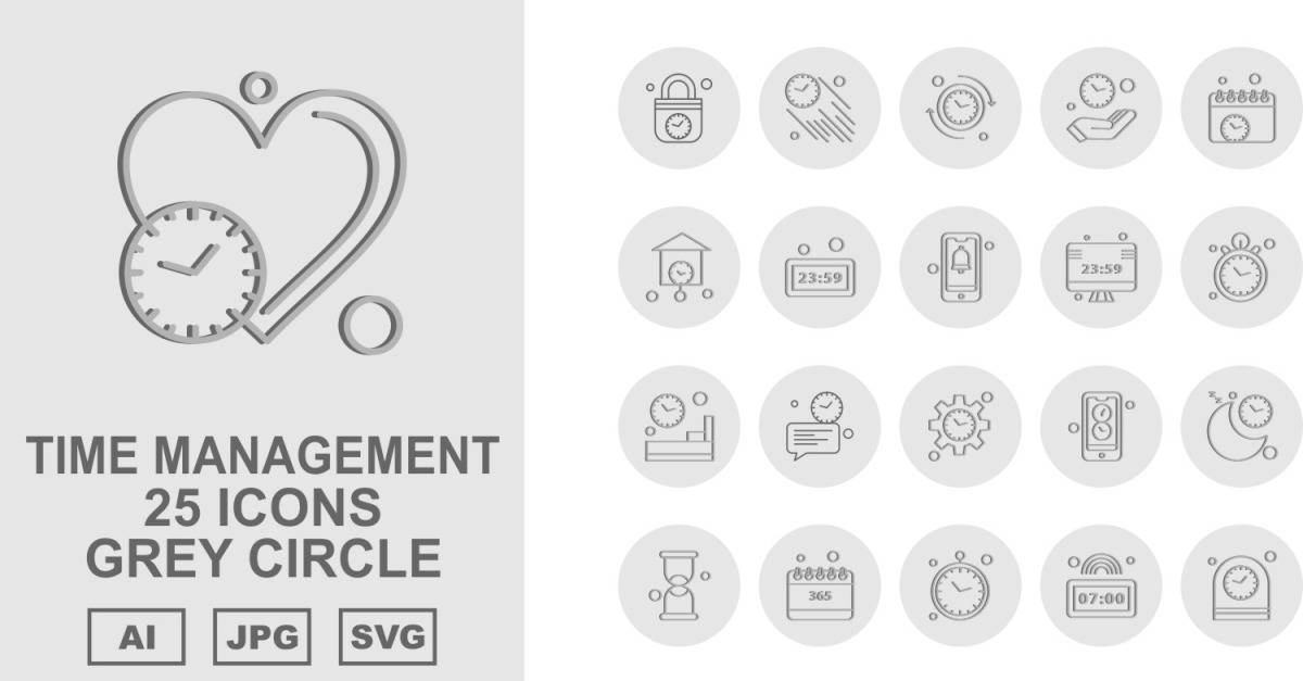 25 Premium Time Management Grey Circle Icon Set