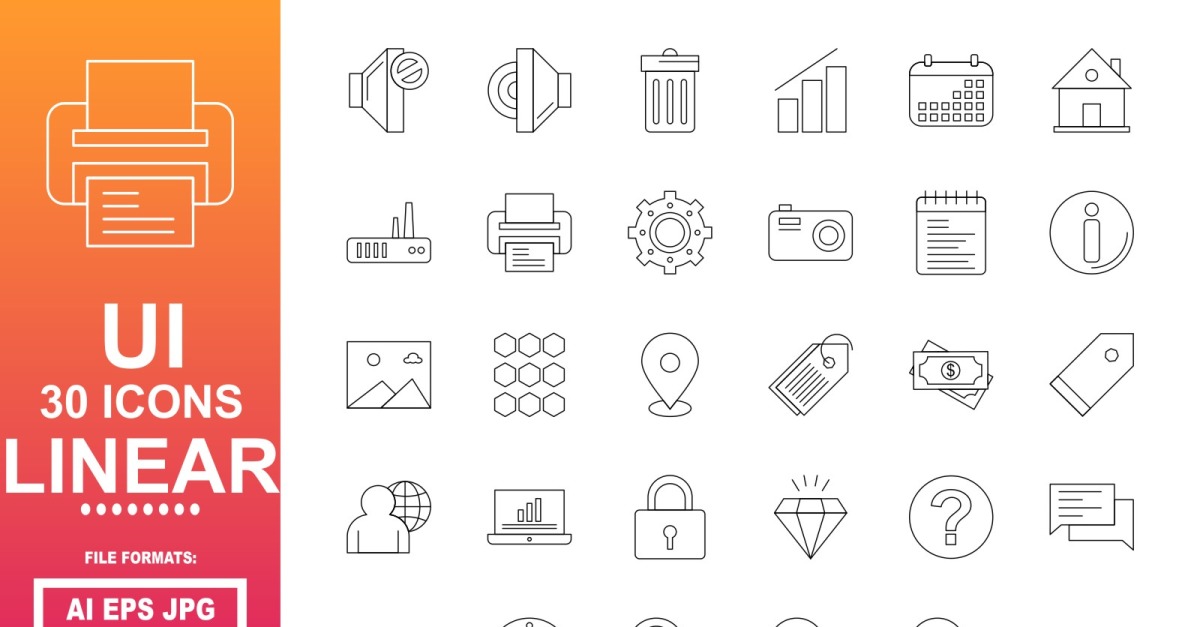 30 User Interface UI Linear Icon Pack - TemplateMonster