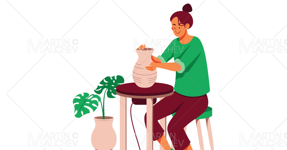 Jeune Femme Heureuse En Tablier Regardant Et Admirant Le Pot En Céramique à  La Main. Une Potière Souriante Et Satisfaite. Ouvrier à La Poterie Moderne.  Illustration Vectorielle Plane De Chéramiste Isolé Sur Fond Blanc.