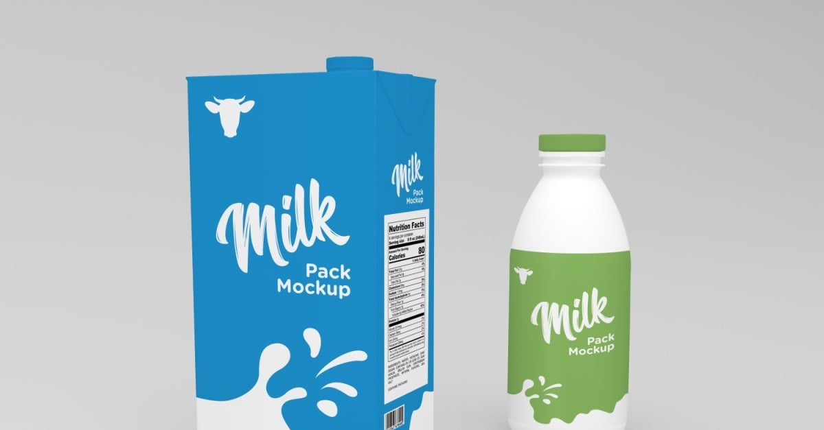 3D One Liter Milk Pack Packaging And Bottle Mockup Template