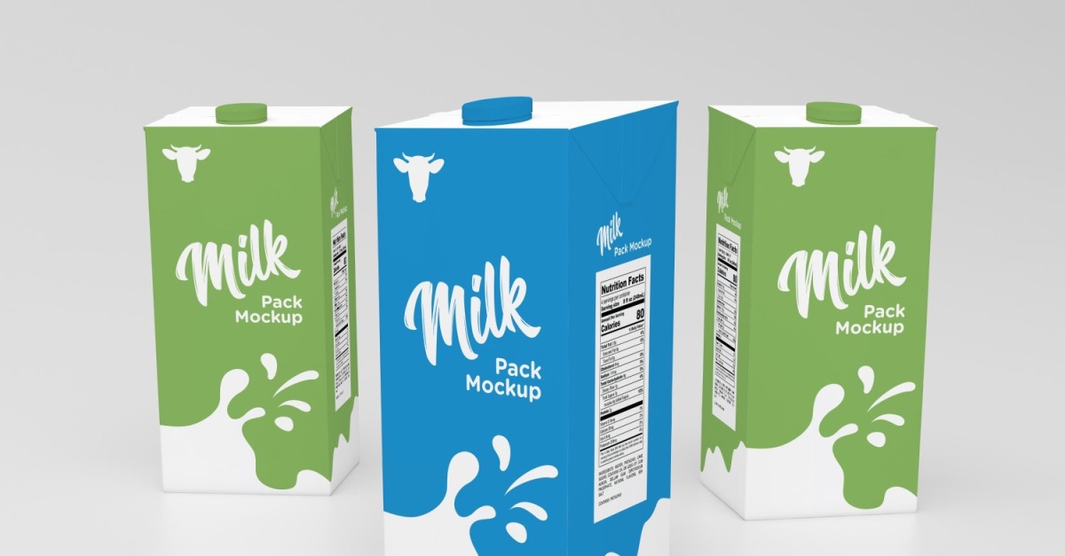 3D Three Milk Packaging One Liters Carton Mockup Template