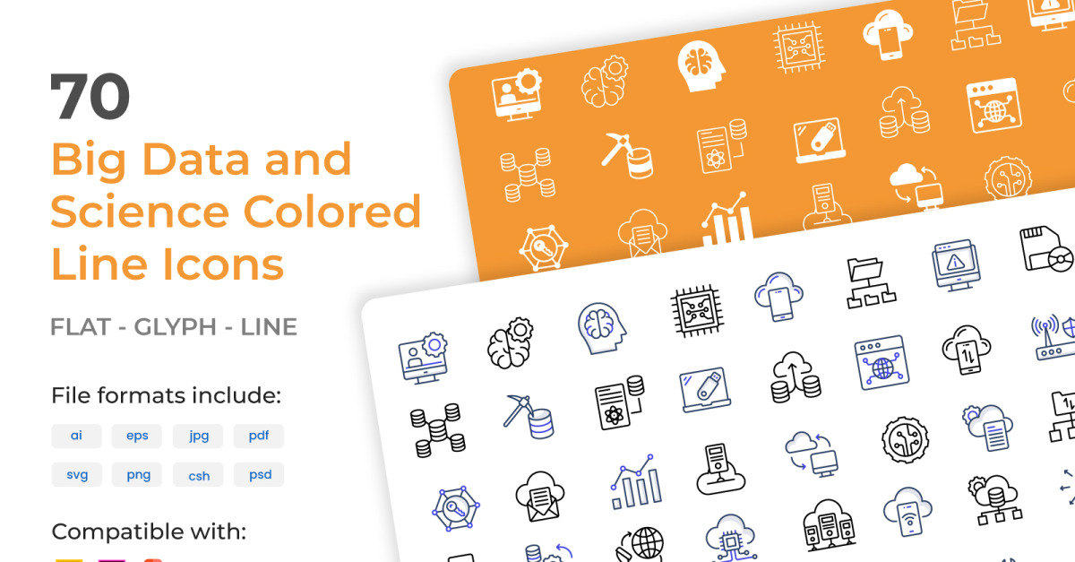 70 Big Data and Science Colored Line Iconset Template