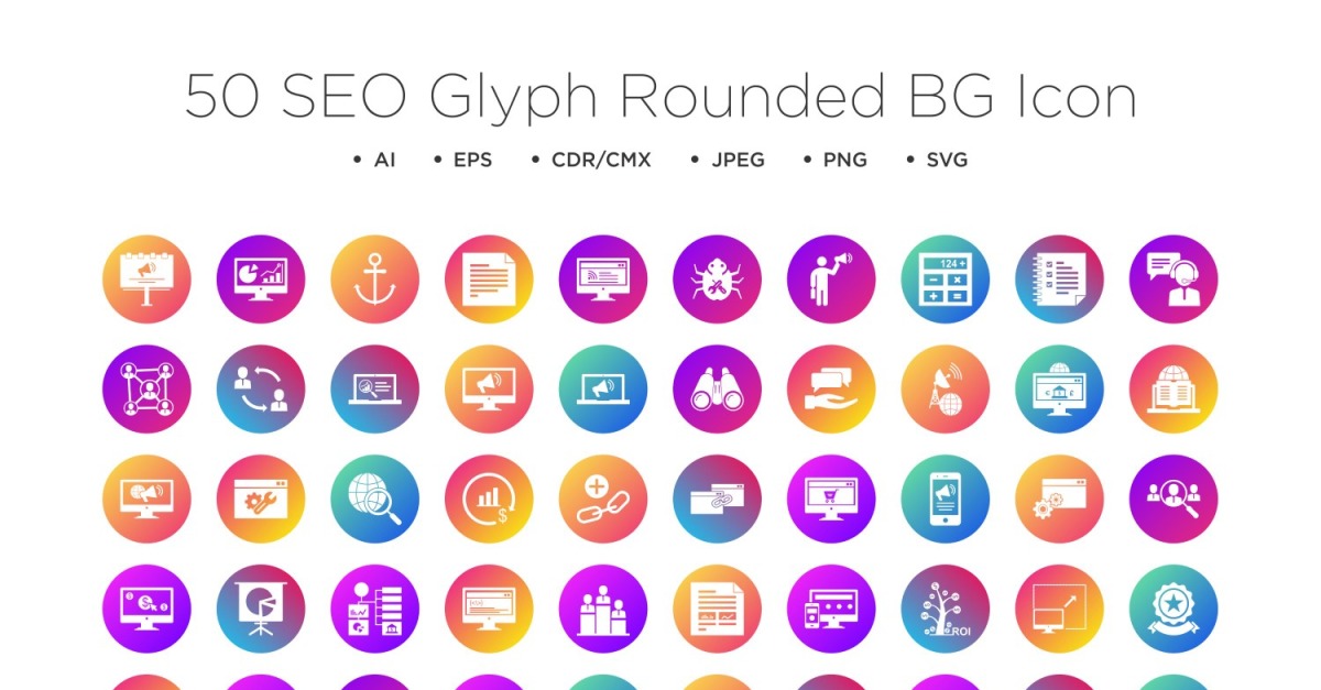 50 SEO Glyph Rounded BG Icons Set #191149 - TemplateMonster