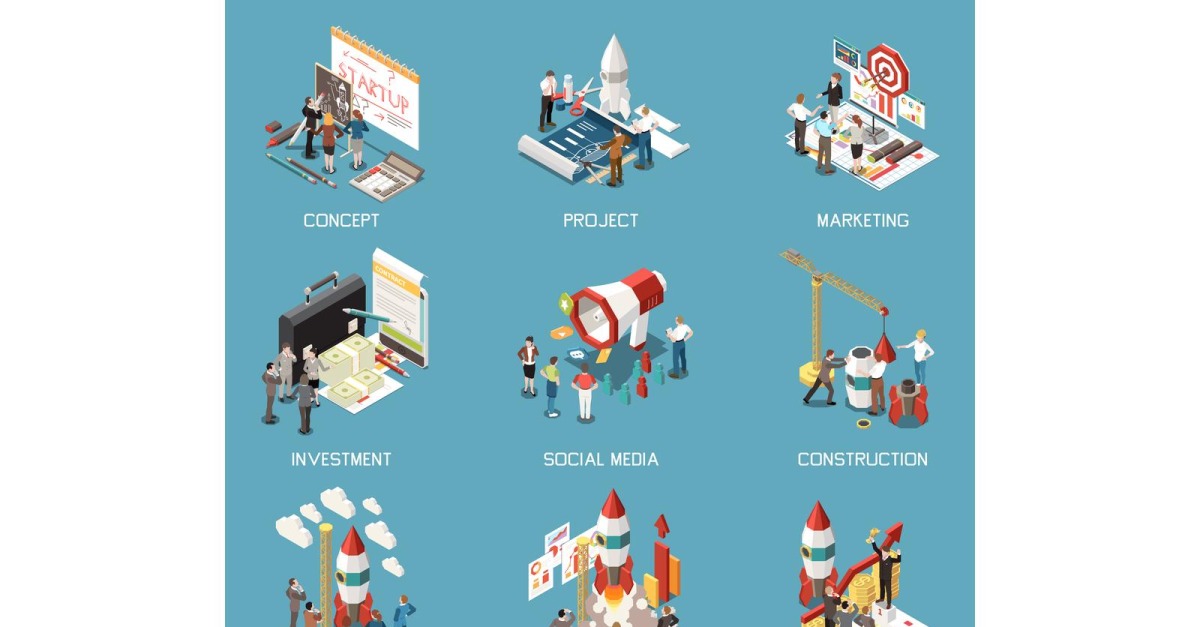 Startup Project Isometric Concept Isons Vector Illustration Concept