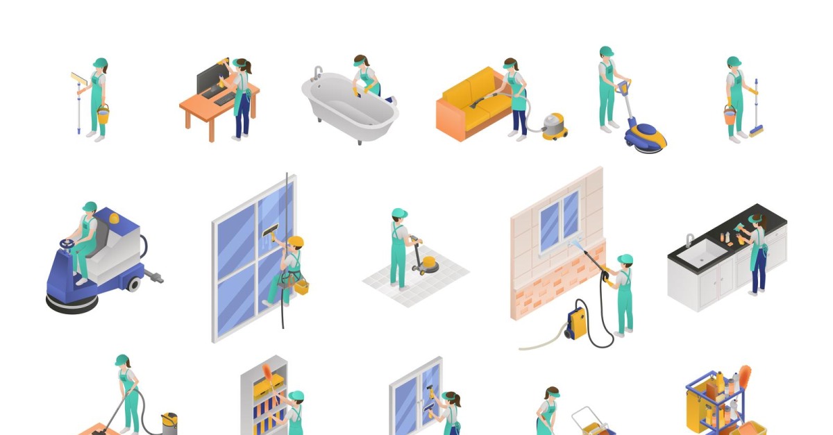 Professional Cleaning Service Isometric Set Vector Illustration Concept