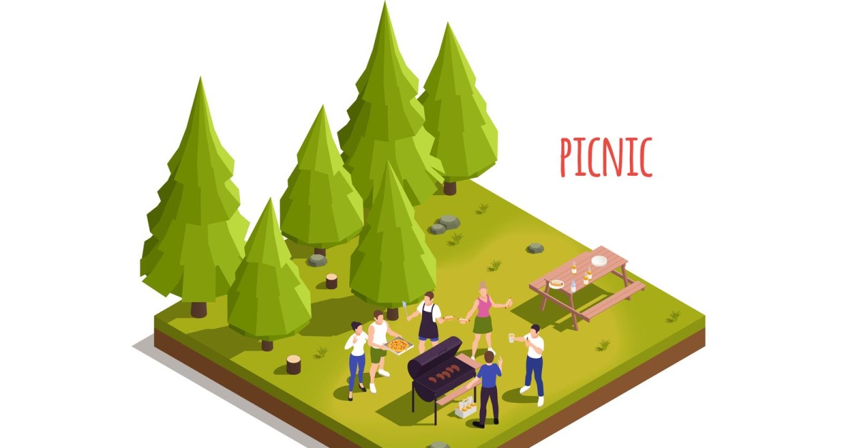 Family Picnic Barbecue Isometric 4 Vector Illustration Concept