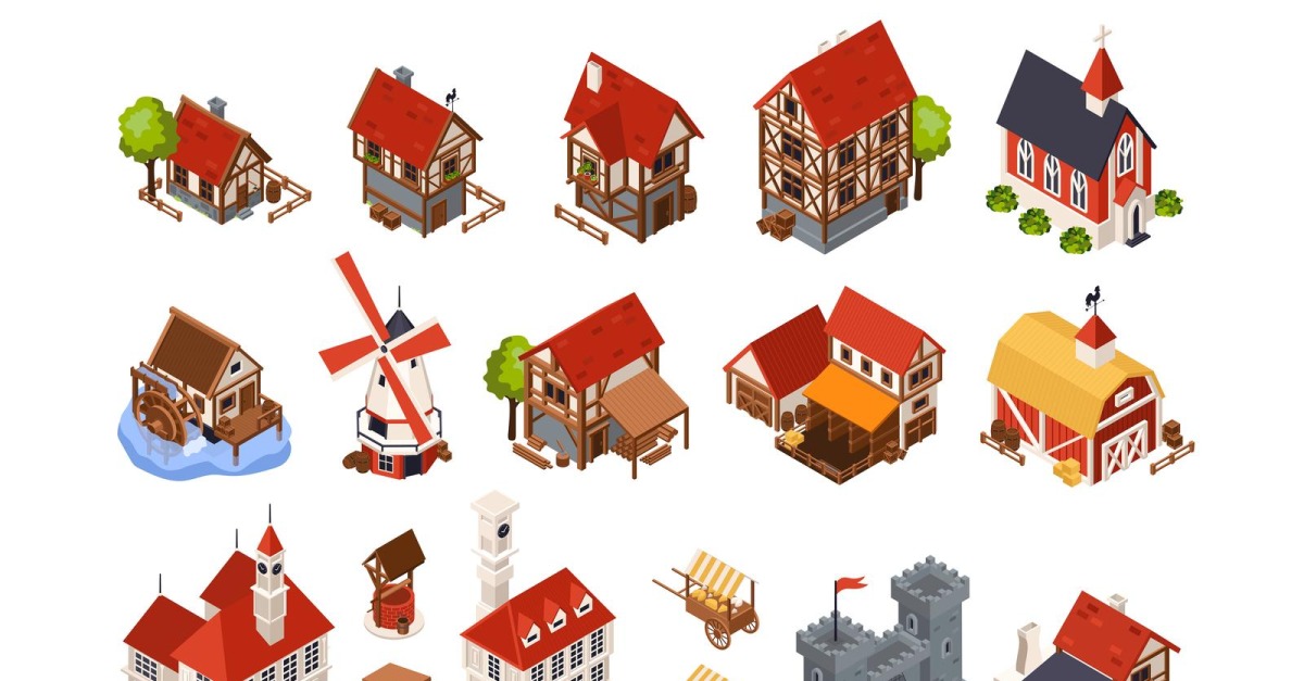 Medieval Architecture Isometric Set Vector Illustration Concept