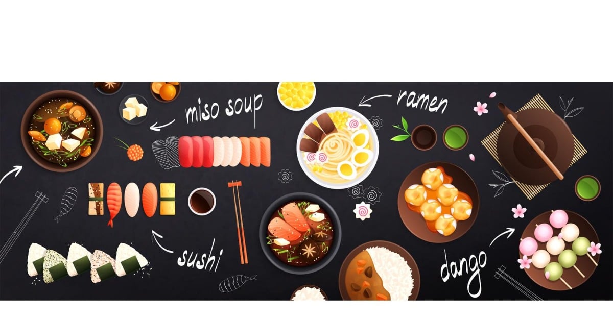 Traditional Japanese Food Cuisine Flat Background Vector Illustration ...