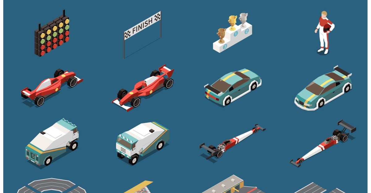 Car Race Isometric Set Vector Illustration Concept