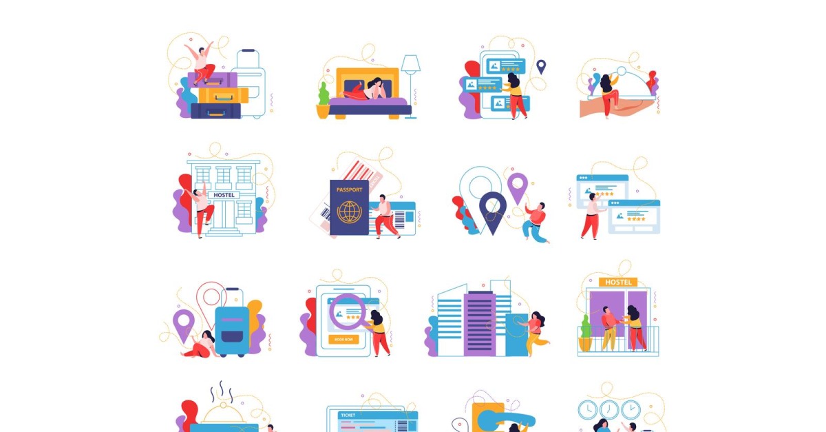 Hostel And Tourists Flat Icons Vector Illustration Concept