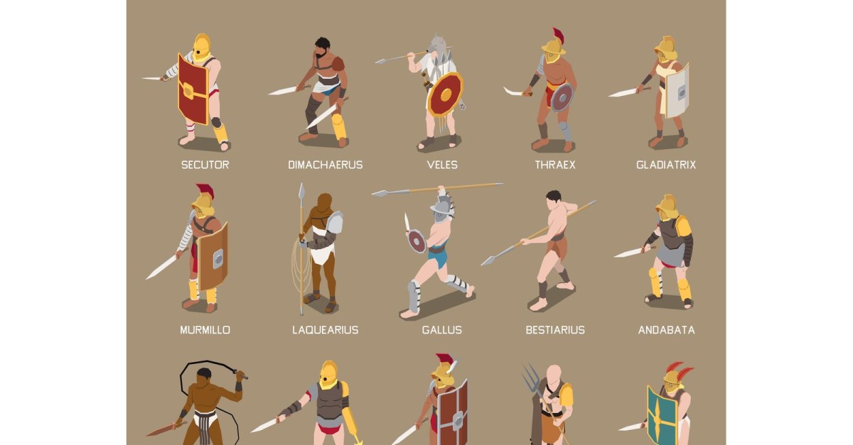 Roman Gladiators Isometric Set Vector Illustration Concept