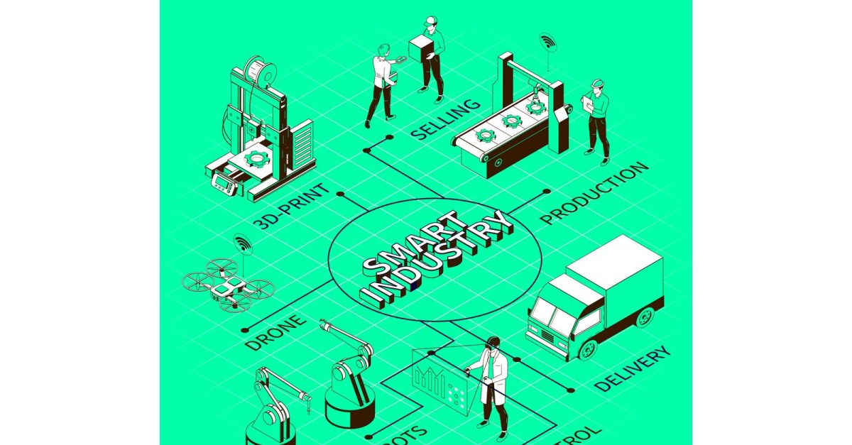 Smart Industry Monochrome Isometric Flowchart Vector Illustration Concept