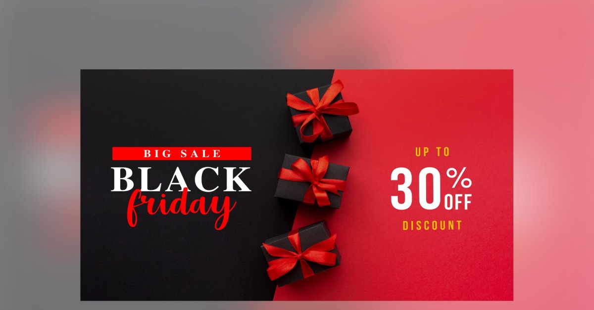 Banner di vendita del Black Friday con il 30% di sconto in modello di  sfondo di colore nero e rosso