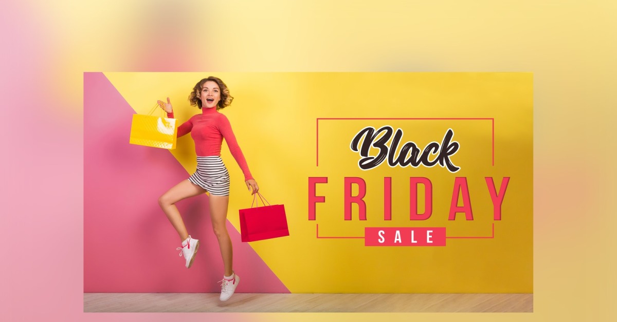 Black Friday Big Sale Banner met handtassen en gele en roze kleur