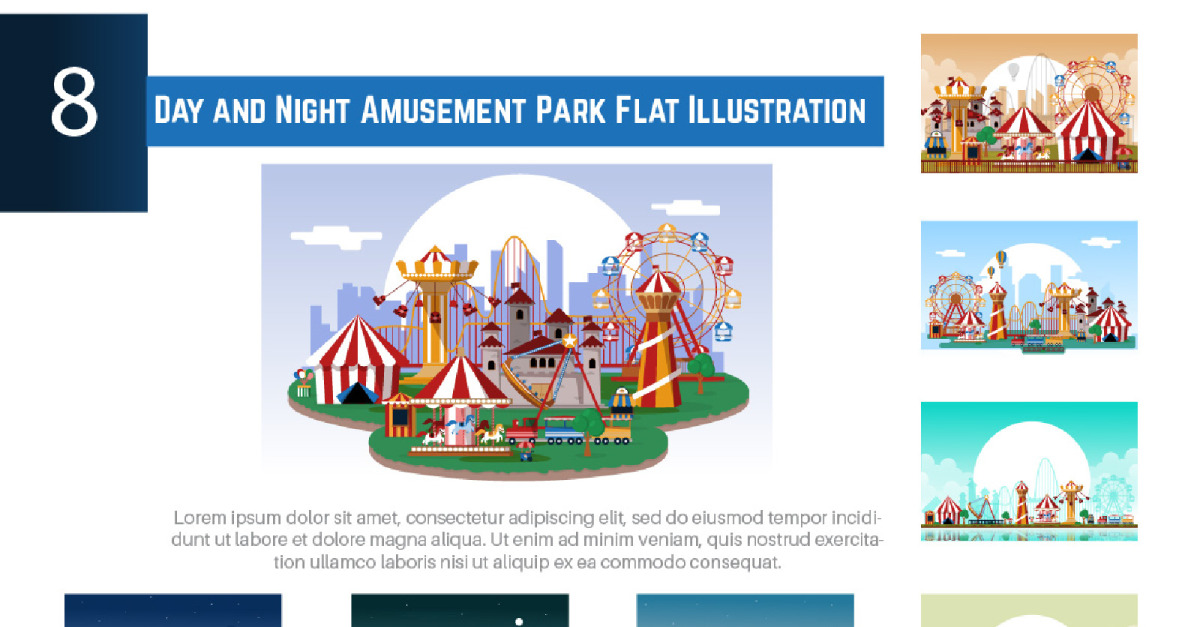 8 Day and Night Amusement Park Flat Illustration