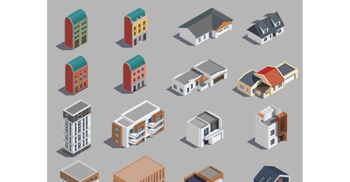 Suburban City Buildings Isometric Set 200920122 Vector Illustration Concept