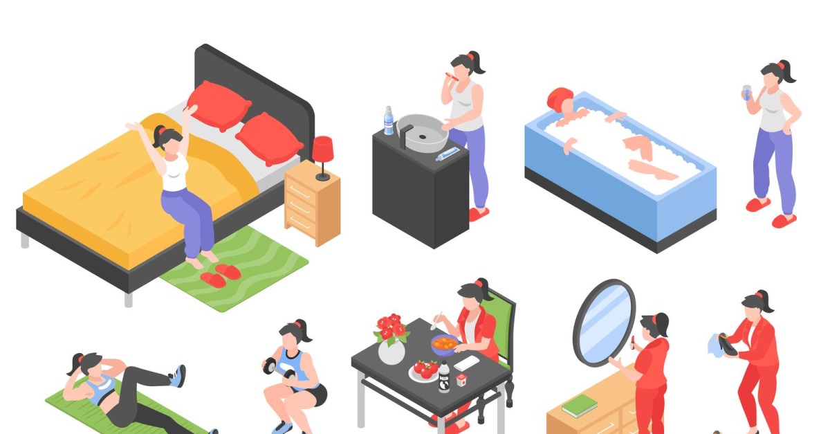 Isometric Morning Routine Women Set 201212124 Vector Illustration Concept