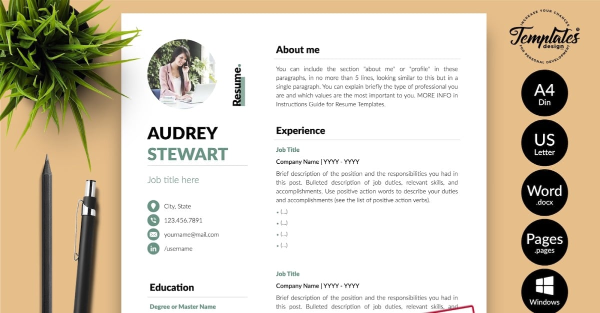 Audrey Stewart - modelo de currículo moderno com carta de apresentação para  páginas do Microsoft Word e iWork