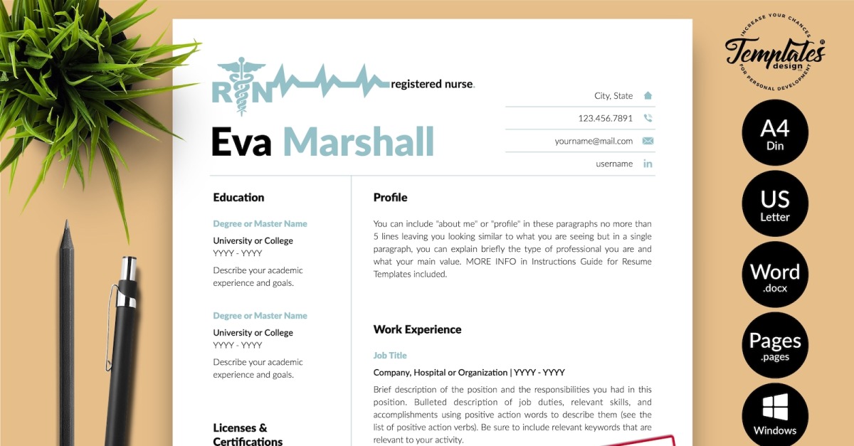 Eva Marshall - Modelo de currículo de enfermeira com carta de apresentação  para Microsoft Word e iWork Pages