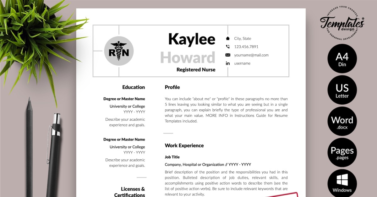 Kaylee Howard - Modelo de currículo de enfermeira com carta de apresentação  para páginas do Microsoft Word e iWork