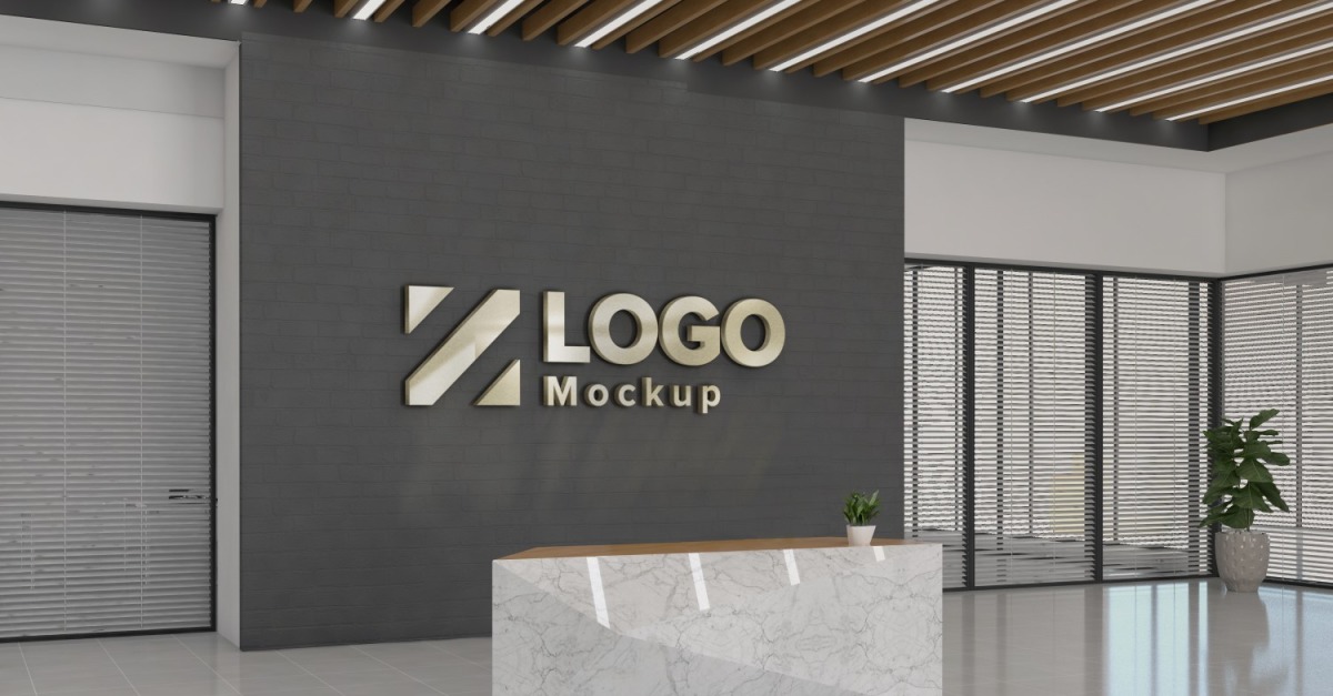 Office Reception with a Black Wall Logo Mockup