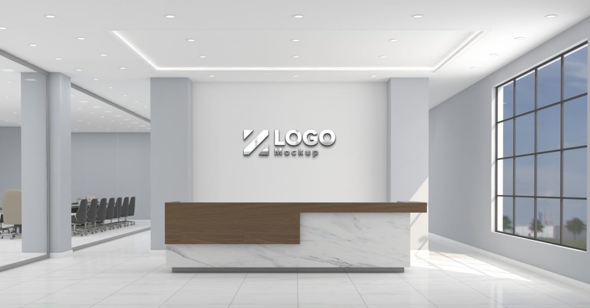 Modern Office reception interior Counter White Wall with meeting Room Logo  Mockup Template
