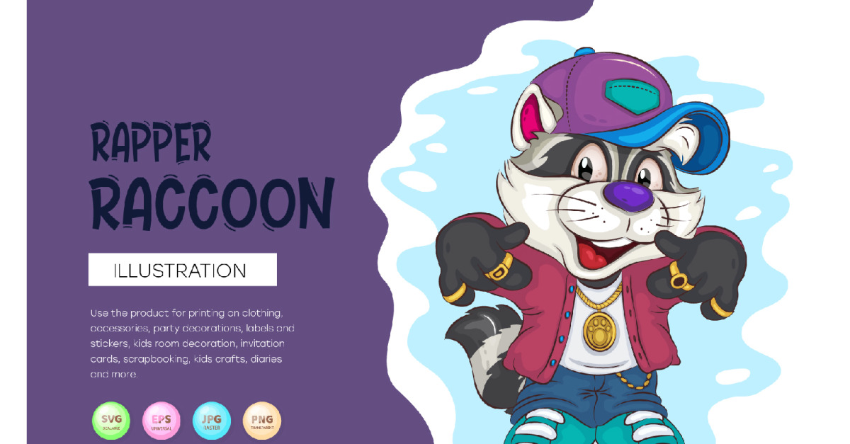 Tecknad Raccoon Hip-hop rappare. T-shirt, PNG, SVG.