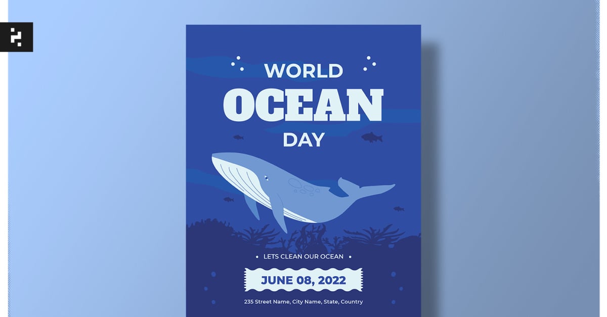 Blue Illustrated Ocean Day Flyer Template - Templatemonster