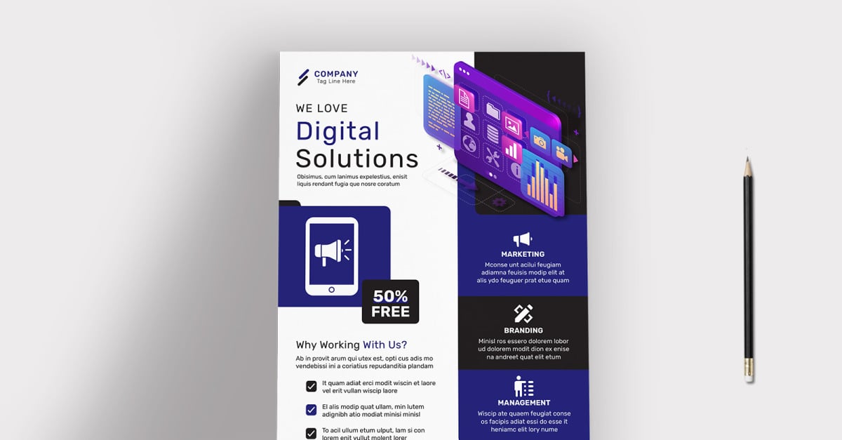 Folleto de Adobe Illustrator de soluciones digitales profesionales