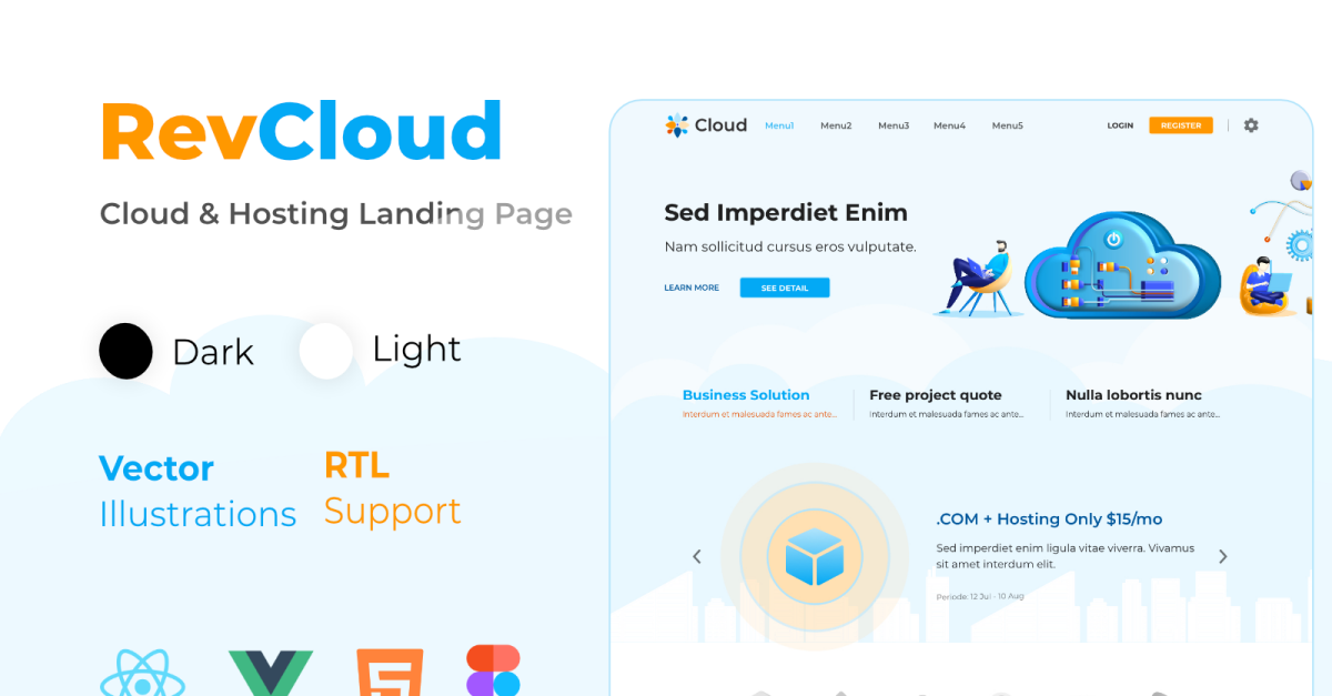 RevCloud - облачный хостинг HTML React Vue и шаблон целевой страницы Figma