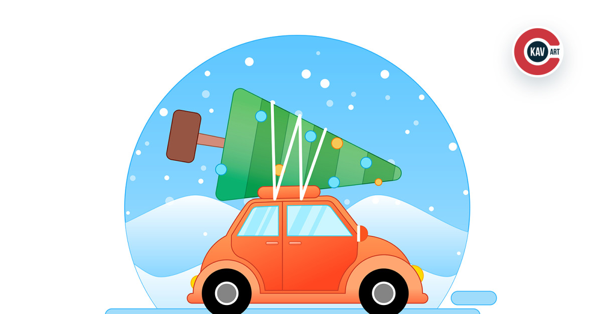 Ilustración de vector de Navidad con árbol de Navidad, coche y nieve