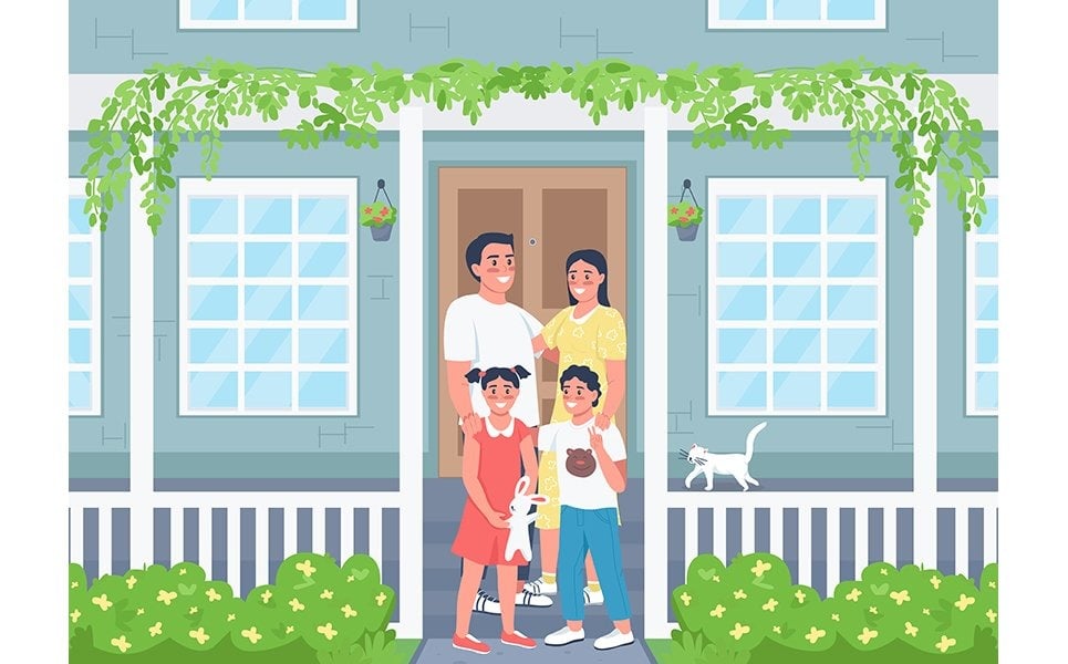 Happy family posing on house patio color vector illustration