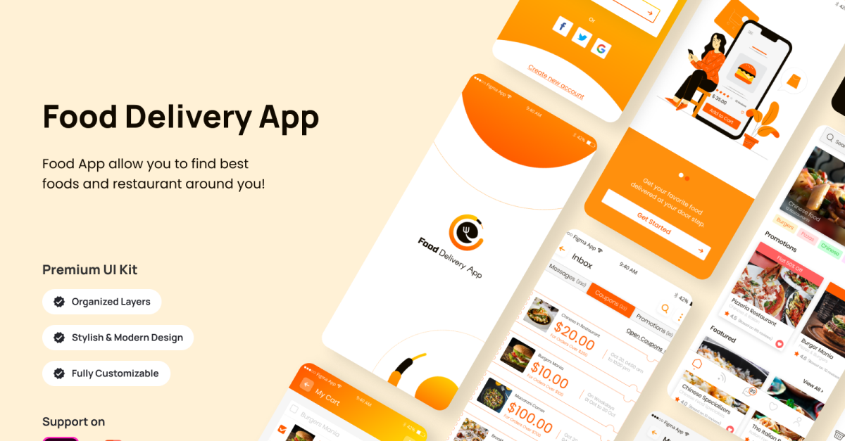 Food Delivery App – Figma und Adobe XD UI-Kit