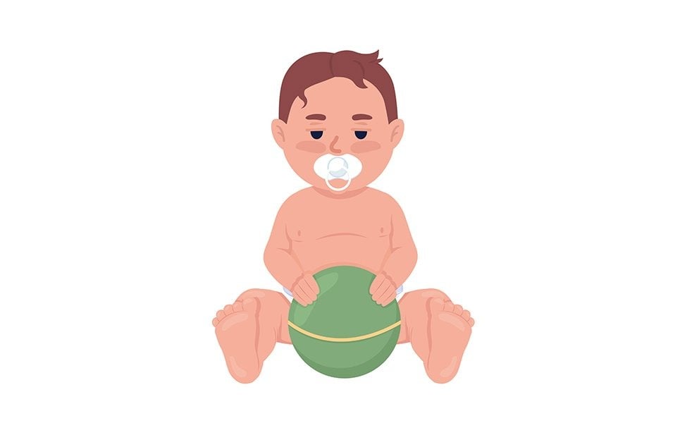 Tired baby boy with pacifier and ball semi flat color vector character