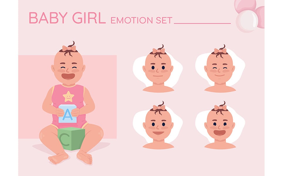 Set di emozioni di personaggi a colori semi-piatti per bambina gioiosa