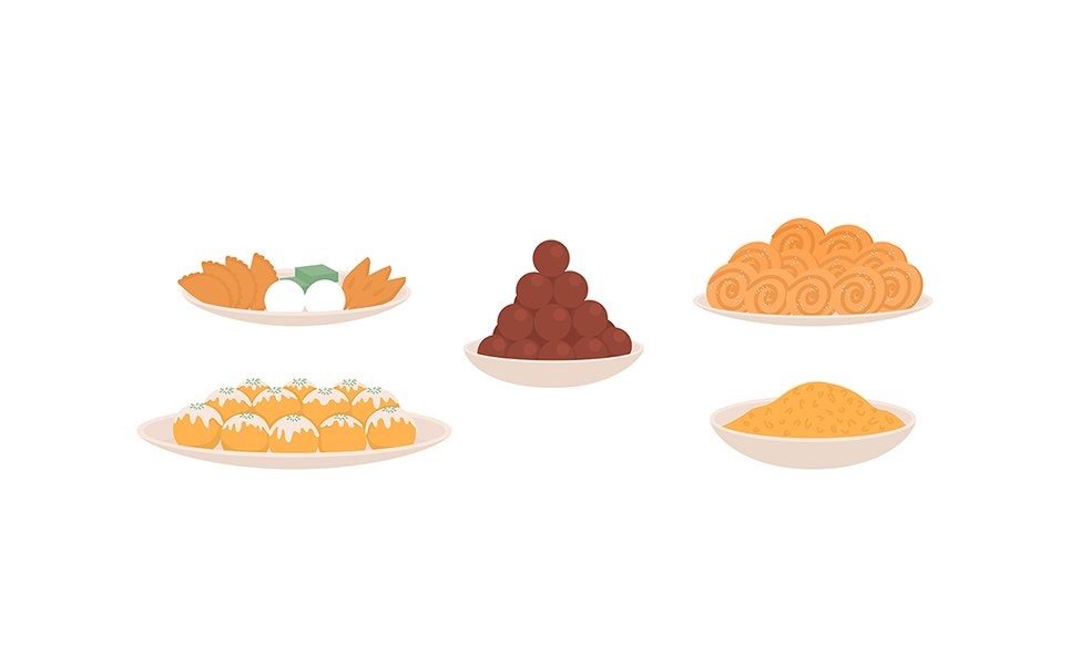 Set di oggetti vettoriali a colori semi piatti per snack tradizionali Diwali