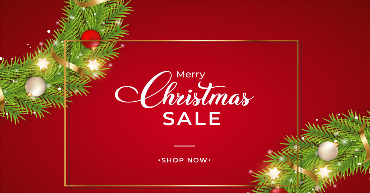 Christmas Sales Banner with Green leaves and red background