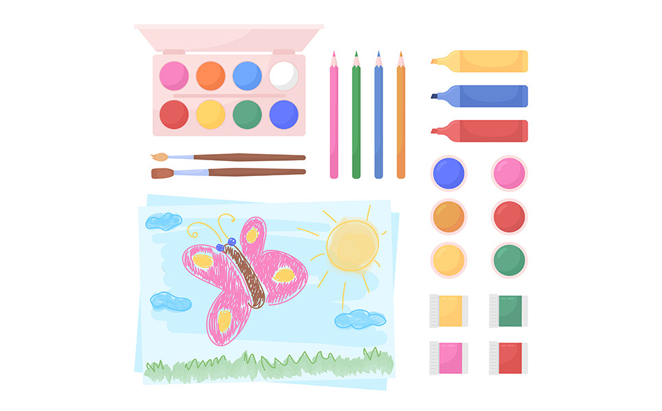 Strumenti di disegno per bambini set di oggetti vettoriali a colori semi  piatti