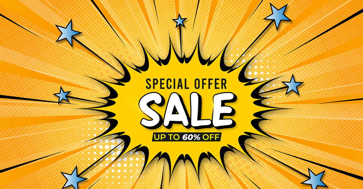 Flat Design Yellow and Blue Comic Style Background Sale With Offer Details  Free Vector