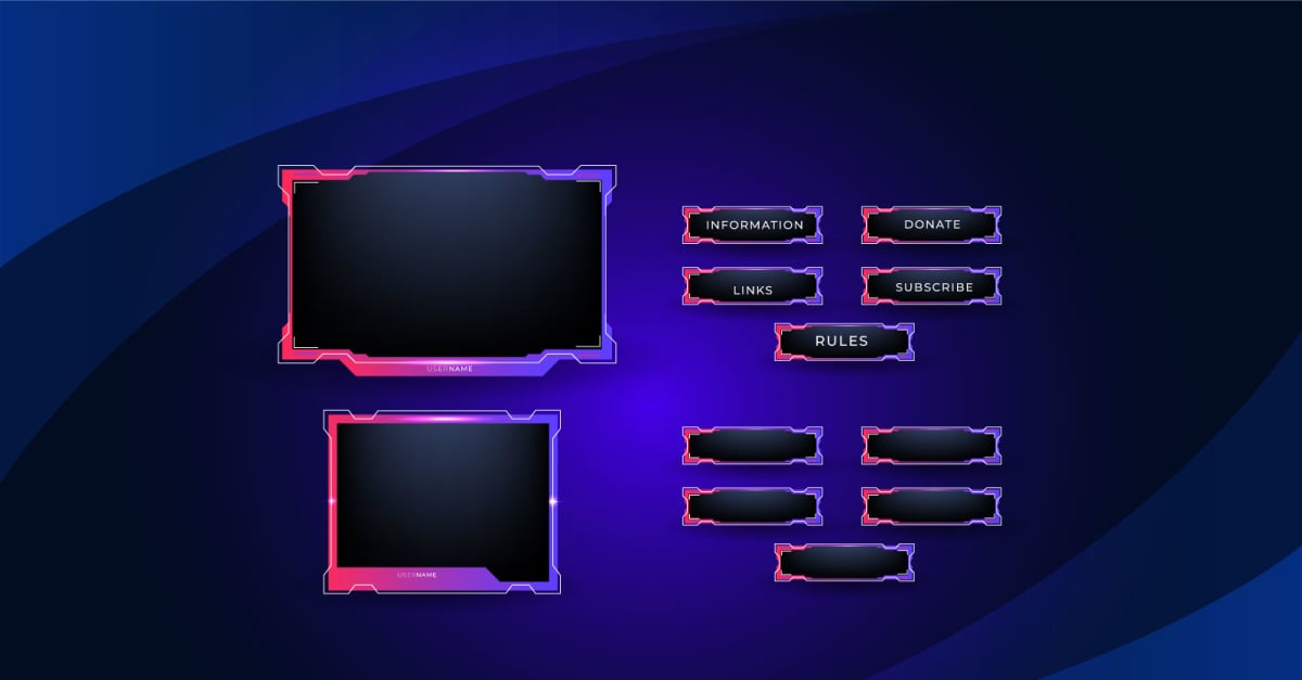 Twitch stream overlay package including facecam overlay, twitch panels