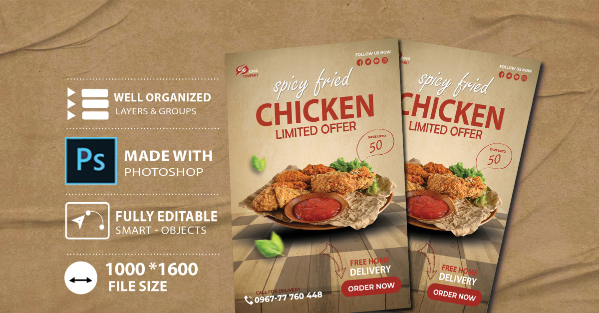 Roasted Spicy Fried Chicken Restaurant Menu Flyer