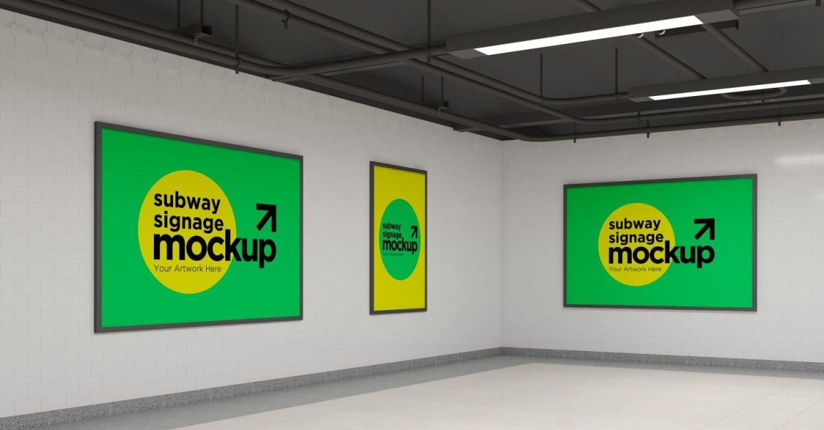 Subway Two Horizontal And One Vertical Signage Mockup