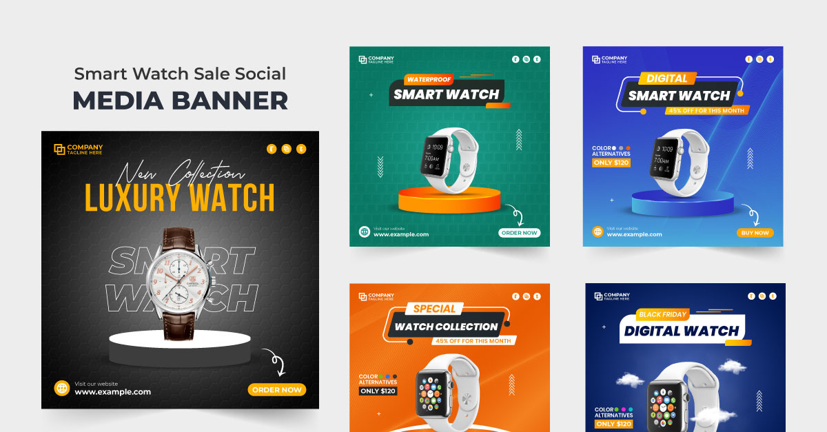 Publicación en redes sociales de venta de relojes de pulsera modernos