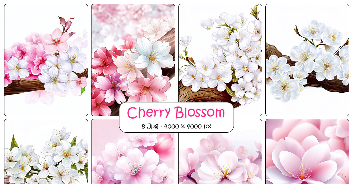 Realistic cherry blossom flower background and digital paper pack