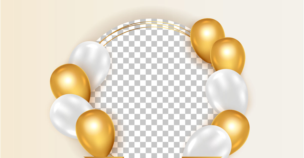 Cornice di compleanno vettoriale con palloncini dorati realistici con  confitty dorato